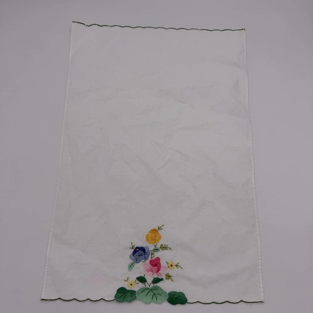 Set of 2 Vintage Cotton Tea Towels White‎ Multicolor Hand Embroidered Florals